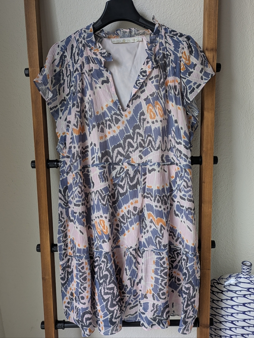 Marie Oliver Ruffled Collar Dress in Blue, Pink & Orange Floral Print - Size M